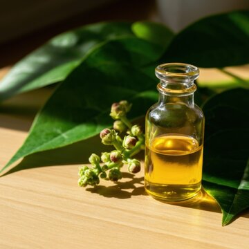A beautiful, brightly lit still life of a glass bottle filled with ricin oil.