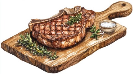 Obraz premium Delicious Grilled Steak with Fresh Herbs on Wooden Cutting Board