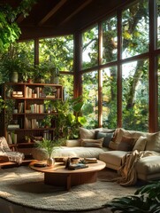 Fototapeta premium Bright and airy living room filled with greenery and sunlight, featuring modern furniture and a cozy bookshelf