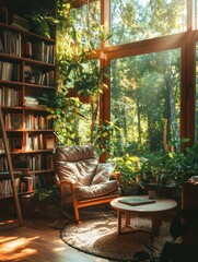 Fototapeta premium A bright living room filled with plants and sunlight creating a cozy and inviting reading space