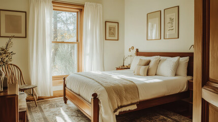 A serene bedroom featuring natural light, a cozy bed, and inviting decor in a tranquil setting during daylight hours