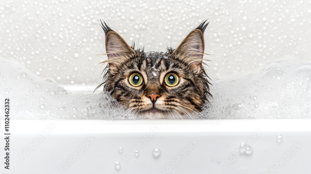 Poster cat in bathtub surrounded by bubbles with curious expression