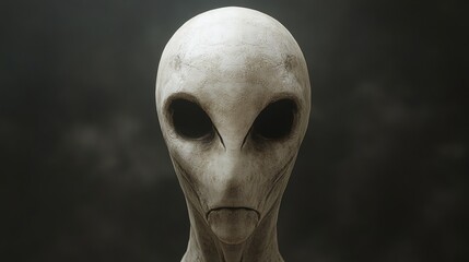 A creepy alien with a white face and a black eye stares at the camera