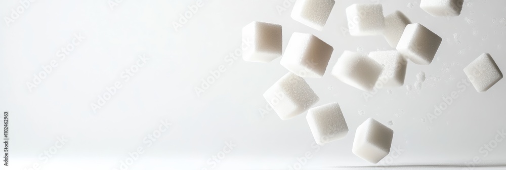 Poster Several white sugar cubes are falling against a light gray background, creating a visual representation of sugar reduction and the benefits of a low sugar or sugar free lifestyle