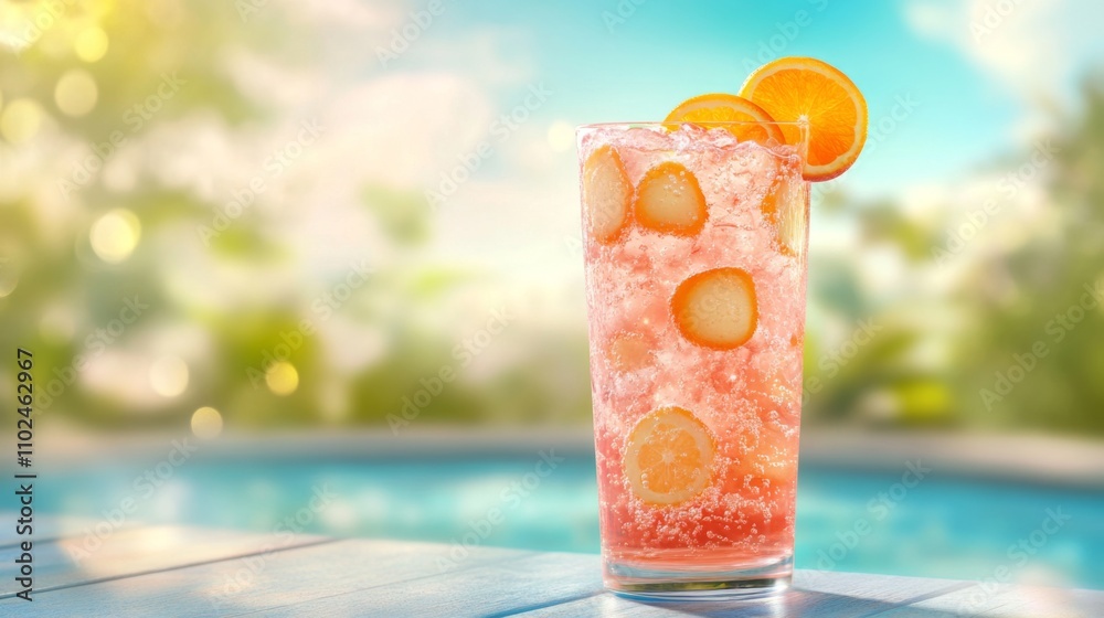 Poster refreshing summer drink with citrus and ice by the poolside