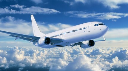 Obraz premium Modern Passenger Airplane Soaring Through the Fluffy White Clouds Across the Azure Sky