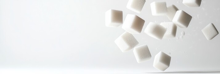 Several white sugar cubes are falling against a light gray background, creating a visual representation of sugar reduction and the benefits of a low sugar or sugar free lifestyle