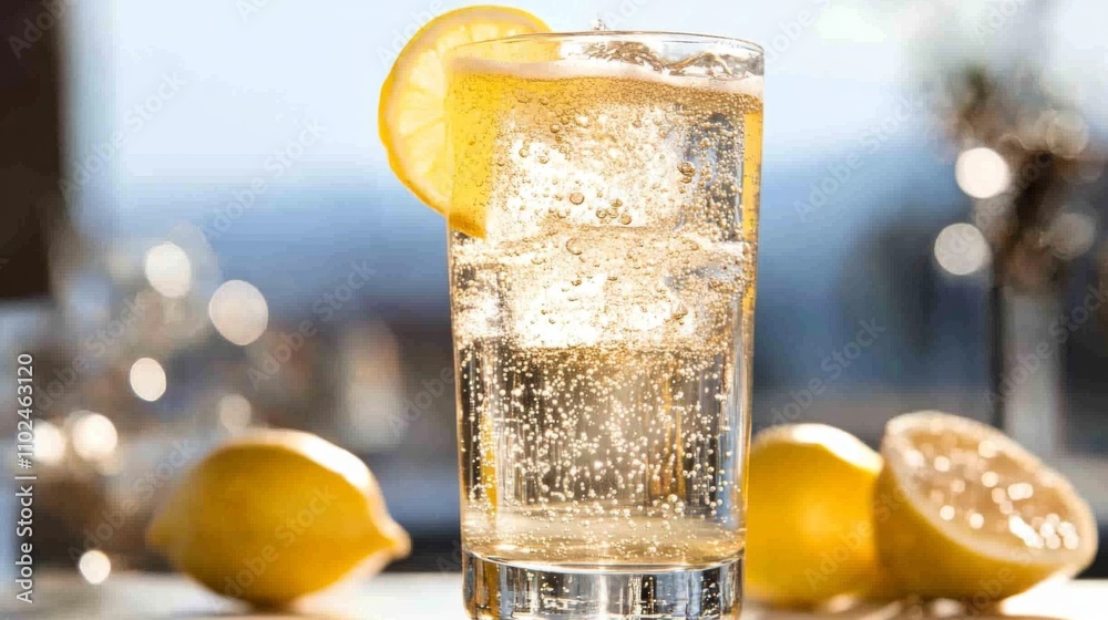 Poster Refreshing Sparkling Lemonade with Lemon Slice on a Bright Background