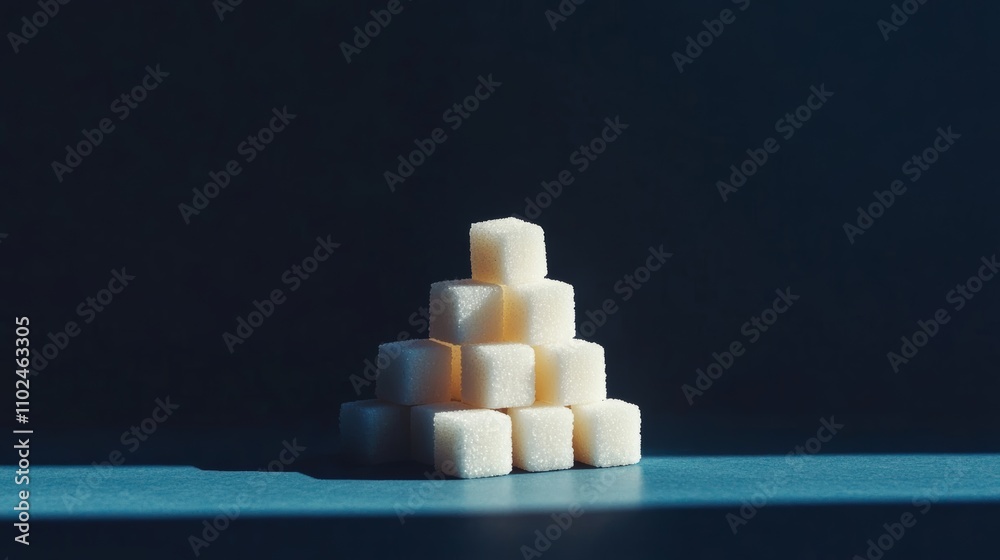 Poster pyramid of sugar cubes is sitting on a dark surface, representing the concept of sugar consumption, 