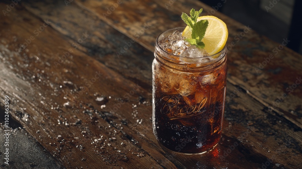 Poster refreshing iced drink in mason jar with lemon and mint garnish