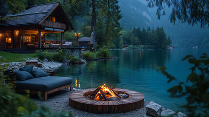 Obraz premium Cozy lakeside cabin with a fire pit surrounded by trees and a serene lake at dusk