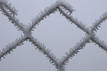 Frosted Chain Link Fence Set Against a Misty and Atmospheric Environment for Visual Interest