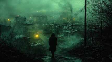 Mysterious Night City: Dark Street, Neon Lights, and Smoky Atmosphere