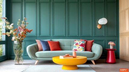 A vibrant eclectic living room featuring a multicolored sofa and bright décor with natural light from large windows