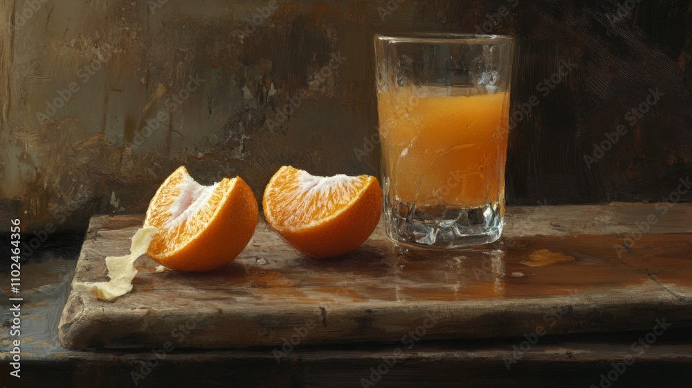 Poster fresh orange juice in glass with slices on rustic wooden table