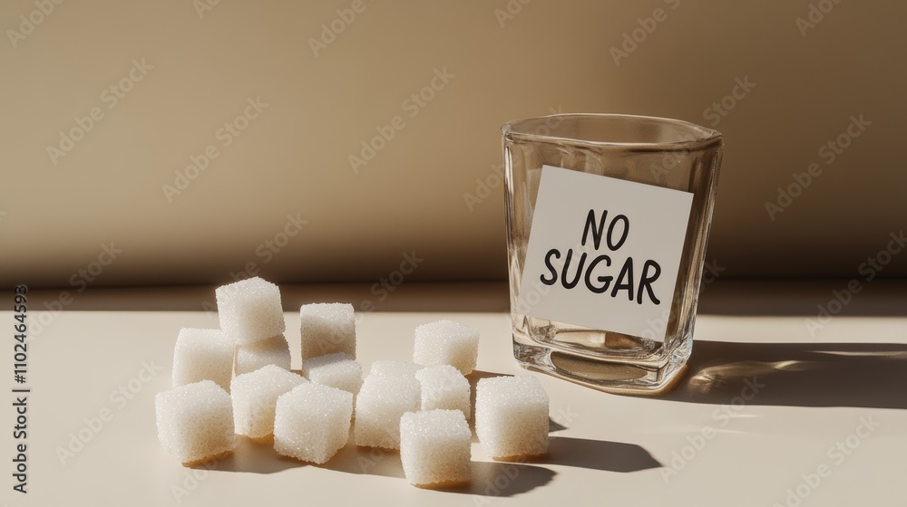 Poster several sugar cubes are placed near an empty glass with a no sugar sign, representing sugar reductio