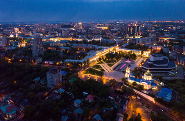 Fototapeta premium Night aerial view of Voronezh city historical center, Russia