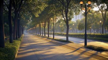 Obraz premium Serene Tree-Lined Pathway at Dawn with Gentle Morning Light