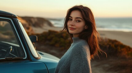 Young brunette woman in gray sweater standing next to a blue car on a beach with evening light, open space around