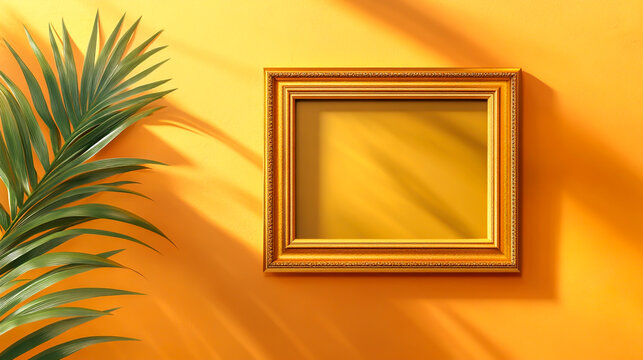 Gold picture frame mockup on a yellow background with palm leaves, top view. Empty space for design and text.