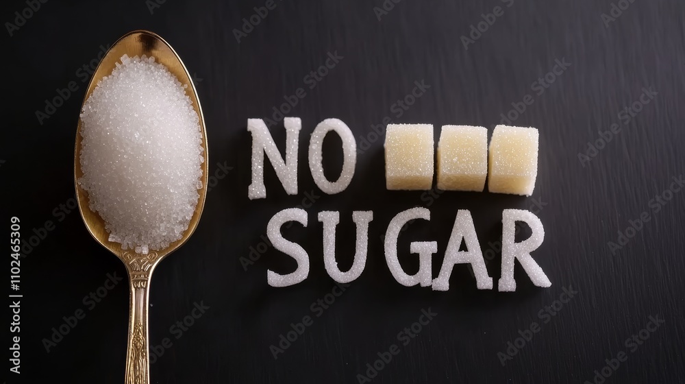 Poster composition of sugar crystals in an elegant spoon, three sugar cubes, and large letters forming no s