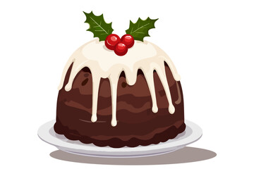 Hand drawn illustration of a Christmas fruit chocolate pudding. Xmas cake decorated with sugar icing, holly, red berry. Flat vector illustration isolated on white background