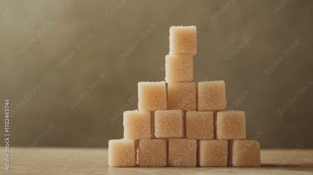 Poster stacked brown sugar cubes form a pyramid on a table, promoting awareness of reducing sugar intake an