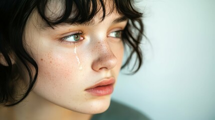 Close-up of a young woman with a tear rolling down her cheek, soft focus background,