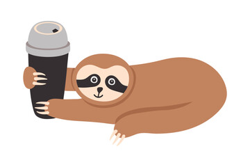 Adorable sloth with coffee tumbler cartoon. Hand drawn tropical bear with take away coffee © anntre