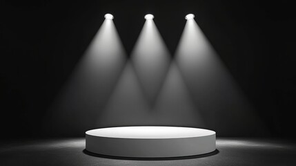 Illuminated Circular Stage with Three Spotlights in a Dark Room for Dramatic Presentations and Performances