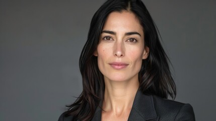 Fototapeta premium A poised woman with long dark hair and a graceful expression is captured. She wears a dark blazer, presenting a professional and elegant look against a simple backdrop