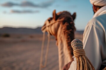 A captivating image of a man holding the reins of a camel during sunset, emphasizing the bond between human and animal in a peaceful desert setting.