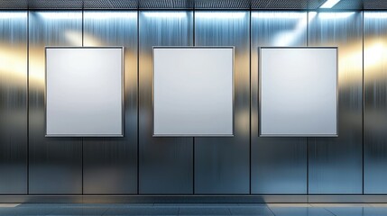 3 Blank Advertising Billboards in Modern Subway Station with Metallic Walls and Bright Lighting