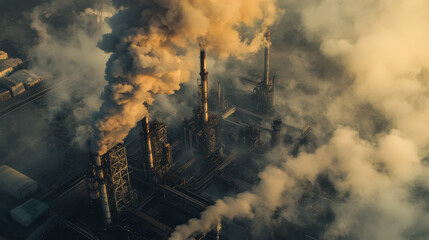 Obraz premium Aerial view of an industrial complex with smokestacks releasing steam and smoke during sunrise