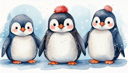 Fototapeta premium Cute Watercolor Penguins Winter Watercolor vector images create your own combinations as mommy daddy family of 3, brother sister and other