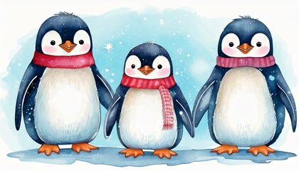 Obraz premium Cute Watercolor Penguins Winter Watercolor vector images create your own combinations as mommy daddy family of 3, brother sister and other