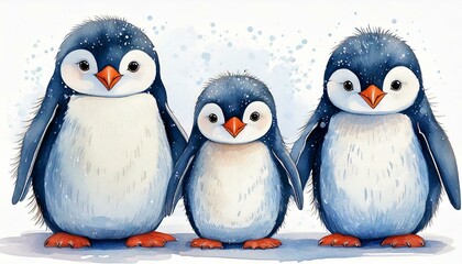 Fototapeta premium Cute Watercolor Penguins Winter Watercolor vector images create your own combinations as mommy daddy family of 3, brother sister and other