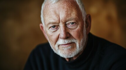 Obraz premium Portrait of an elderly man with a subtle smile, lines on his face hinting at life experiences, muted background, focused on his expressive eyes,