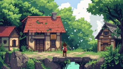 A charming pixel-style illustration of a small village house surrounded by lush green trees and a wooden bridge over a calm river, evoking a peaceful rural atmosphere. AI generated.
