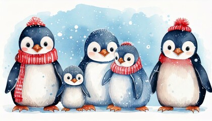 Fototapeta premium Cute Watercolor Penguins Winter Watercolor vector images create your own combinations as mommy daddy family of 3, brother sister and other