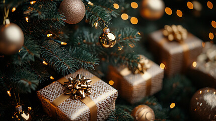 Christmas gifts background with glowing bokeh lights