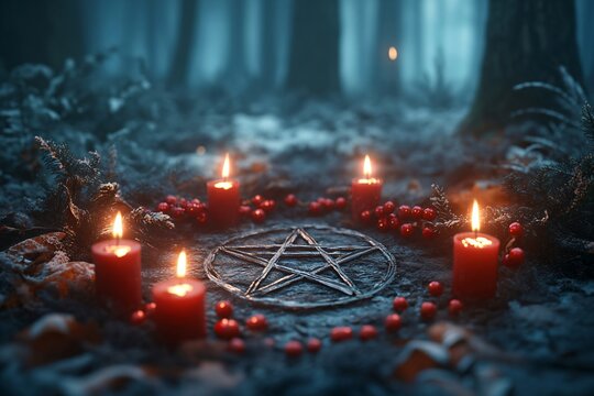 Pagan star shaped symbol with red candles in snowy night winter forest. Winter solstice holiday. Yule, Korochun. Wiccan pagan religion. Magic or esoteric dark ritual, satanism cult
