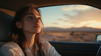 young woman sits in a car with a pensive expression, evening sky and desert landscape in front, daylight