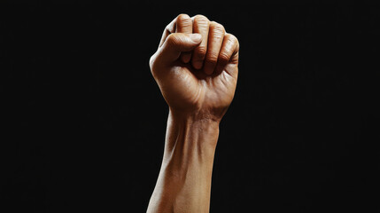 A close-up of a clenched fist with detailed veins and skin texture against a dark background, highlighting strength and determination