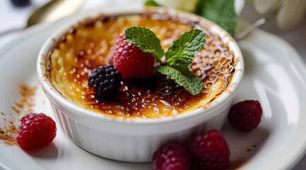 Delicious dessert with a raspberry on top and a green leaf. The dessert is a tart, and it is served on a white plate. The tart is topped with a small amount of whipped cream