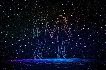Neon outlines of couple ice skating in a winter wonderland surrounded by stars isolated on black background.