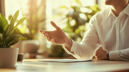 Young man in a white shirt gesturing during a conversation at a modern table, indoor setting with warm lighting, blurred office decor and plants in the background, relaxed discussion scene