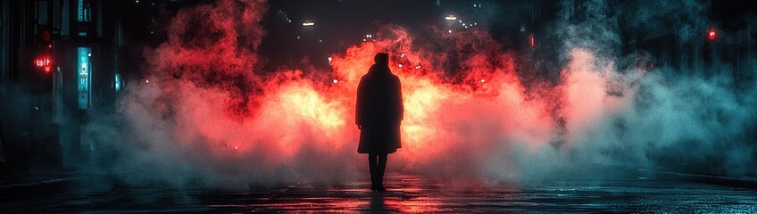 Mysterious Night City: Dark Street, Neon Lights, and Smoky Atmosphere