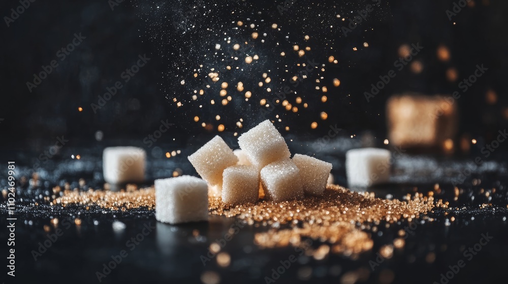 Poster white sugar cubes falling onto a pile of brown sugar granules, creating a dynamic scene on a dark ba