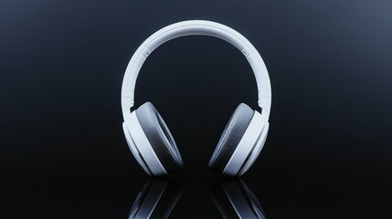 Minimalist white headphones resting on a black, smooth surface, light reflections, empty background,